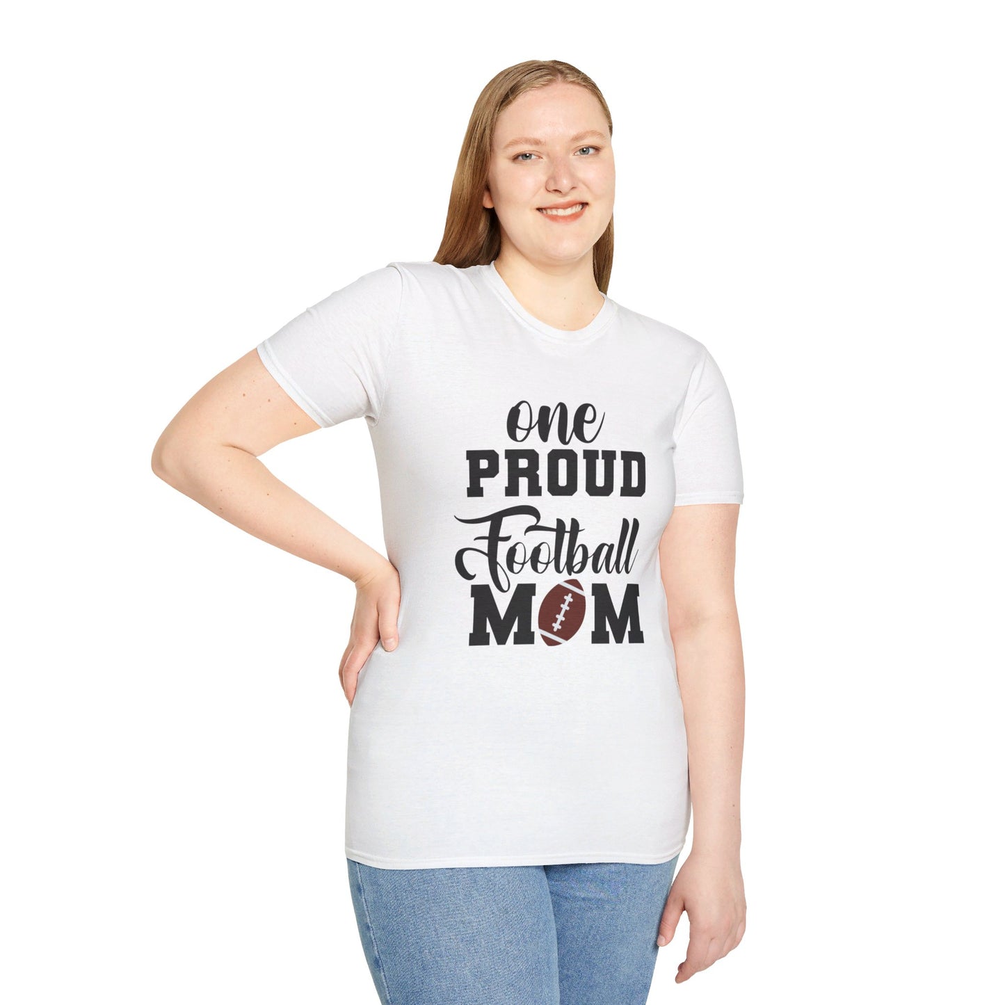 Proud Football Mom Sports Pigskin High School College Varsity JV Mother QB Unisex Softstyle T-Shirt