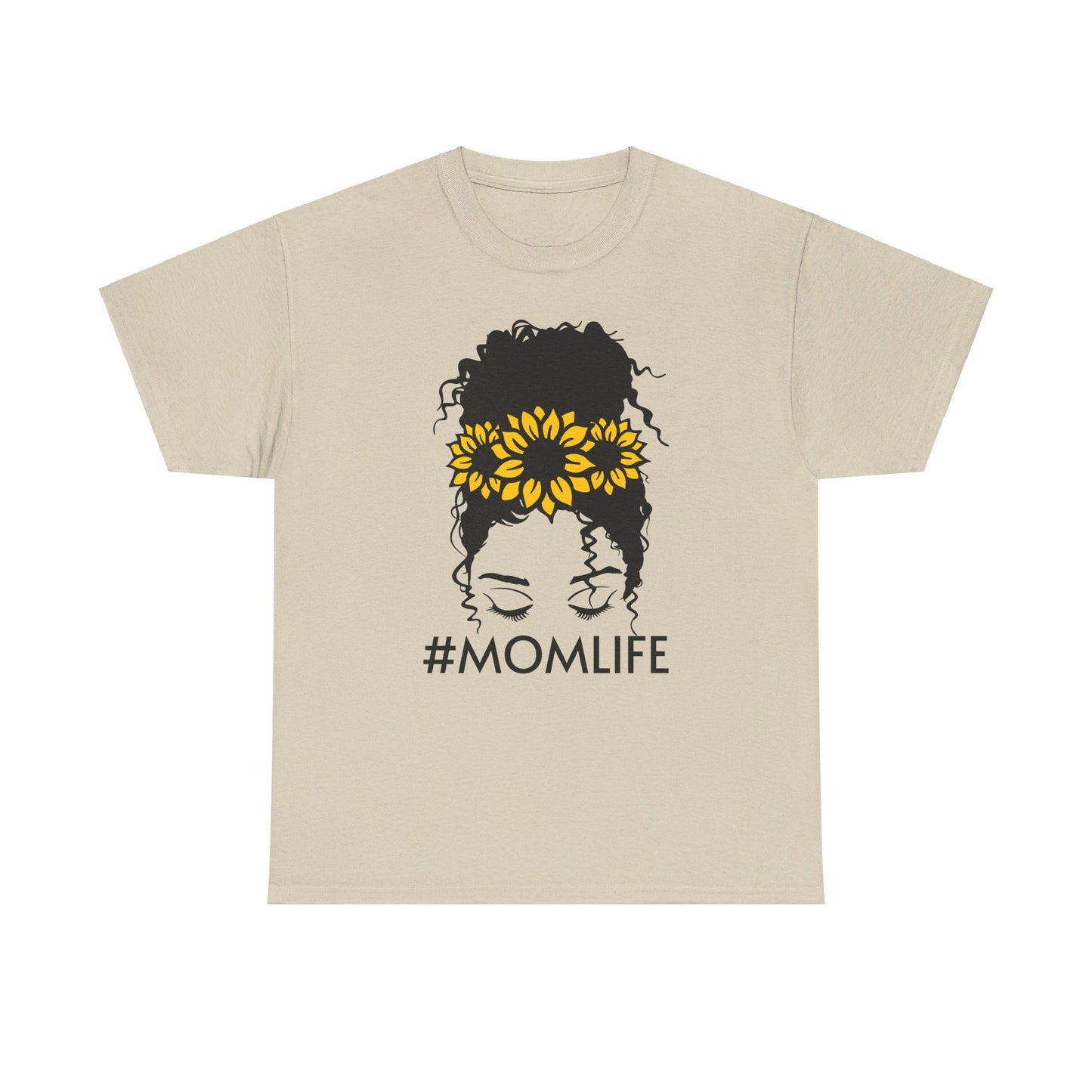 Mom Life Sunflower Messy Bun Curly Hair Unisex Heavy Cotton Tee