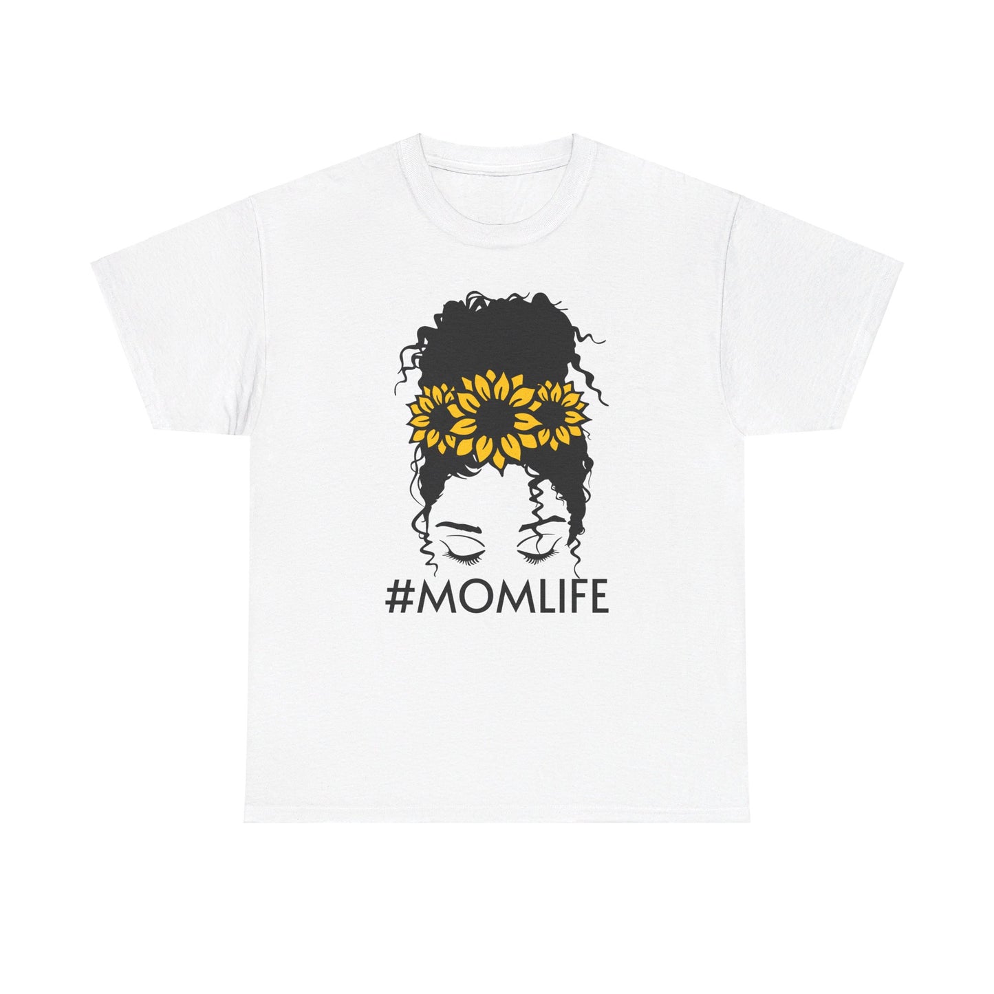 Mom Life Sunflower Messy Bun Curly Hair Unisex Heavy Cotton Tee