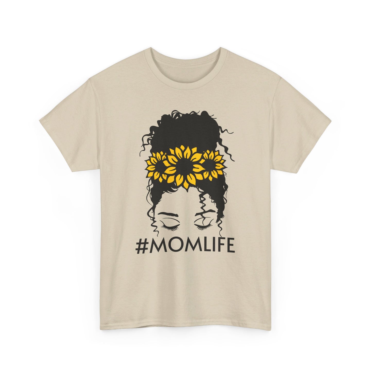 Mom Life Sunflower Messy Bun Curly Hair Unisex Heavy Cotton Tee