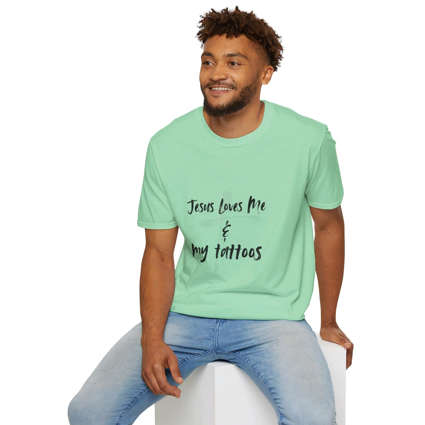 Jesus Loves Me and My Tattoos Tee Unisex Softstyle T-Shirt