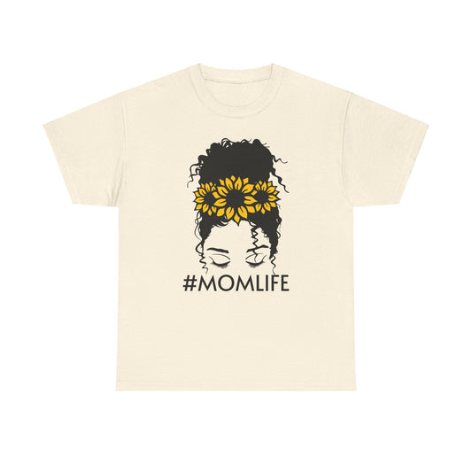 Mom Life Sunflower Messy Bun Curly Hair Unisex Heavy Cotton Tee