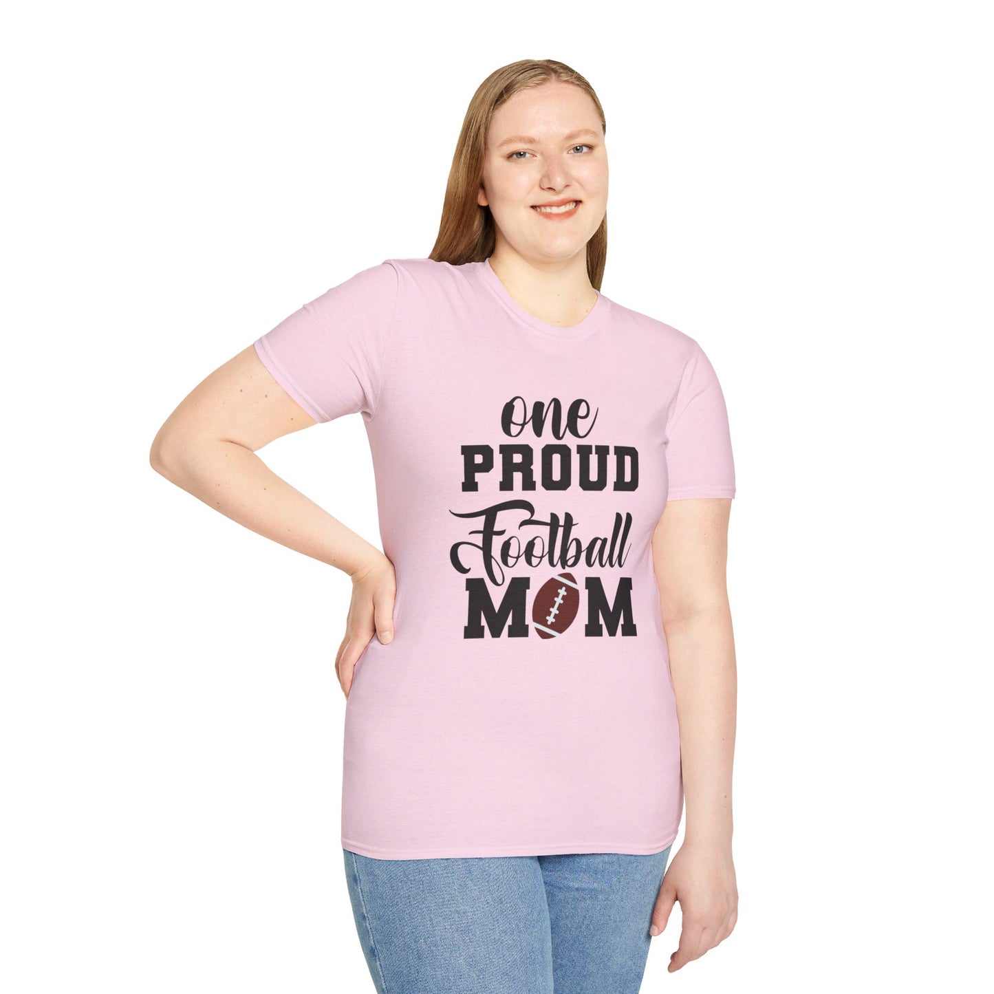 Proud Football Mom Sports Pigskin High School College Varsity JV Mother QB Unisex Softstyle T-Shirt