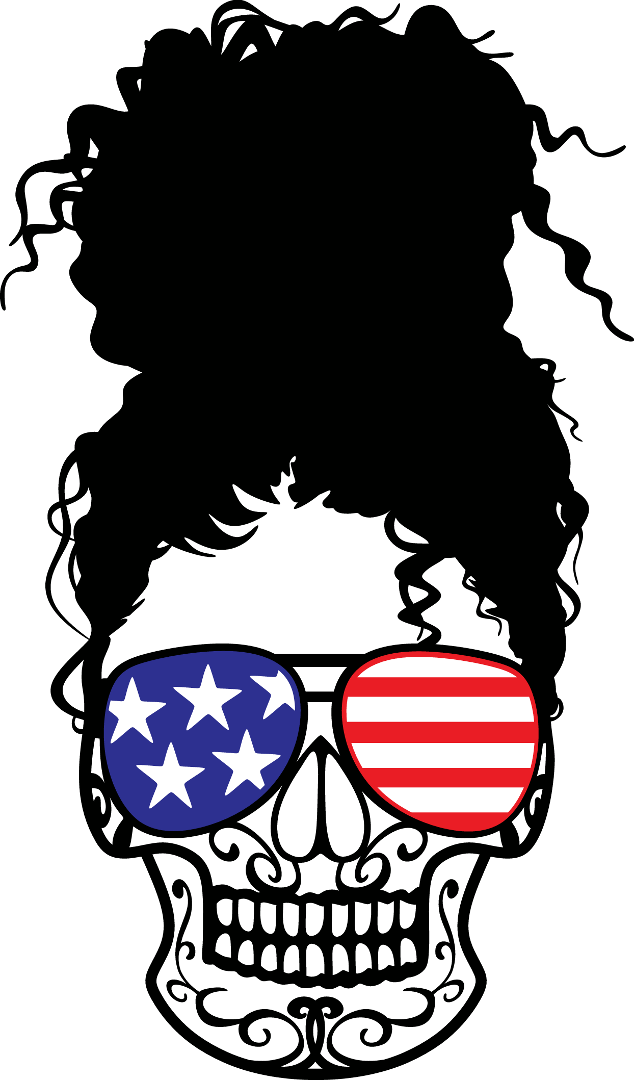 Messy Bun Patriot Cancy Skeleton Skull Curly Hair Flag Shades Ponytail Updo SVG