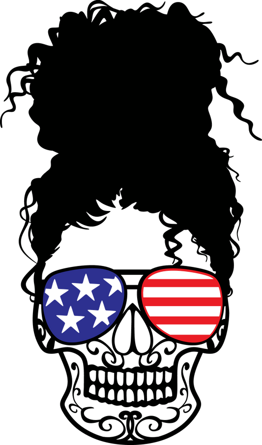 Messy Bun Patriot Cancy Skeleton Skull Curly Hair Flag Shades Ponytail Updo SVG