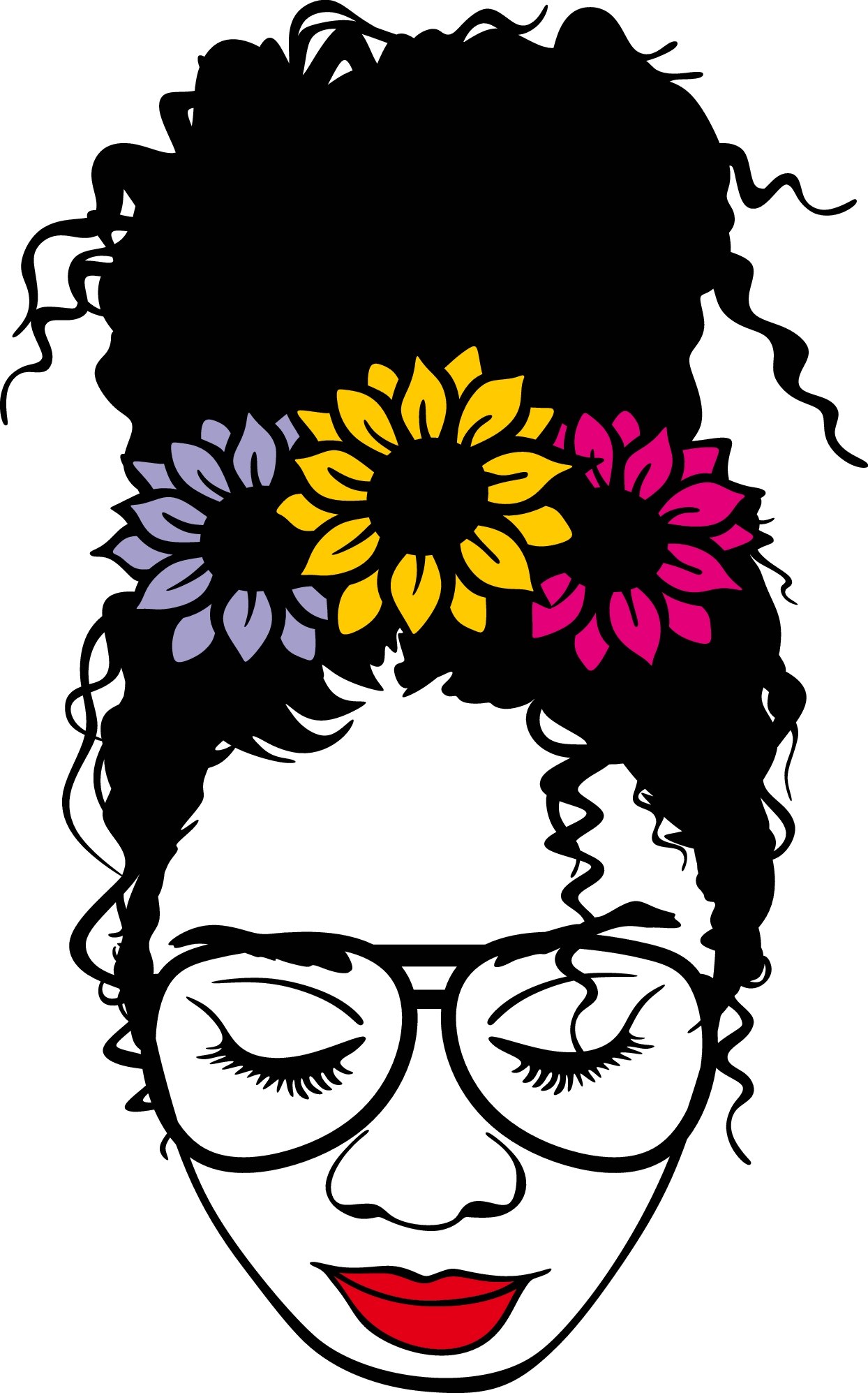 Messy Bun Kinky Cutly Hair Flower Child Glasses Red Lips SVG