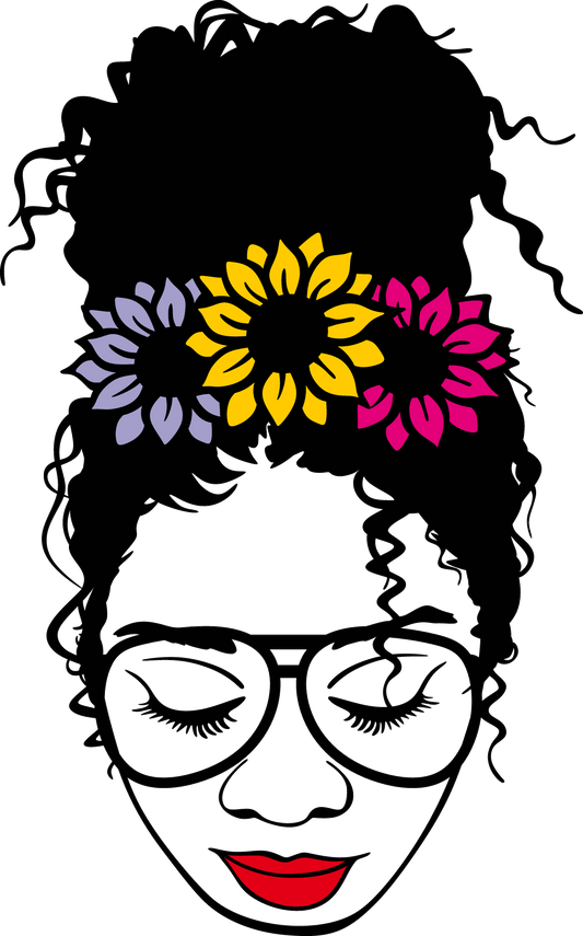 Messy Bun Kinky Cutly Hair Flower Child Glasses Red Lips SVG