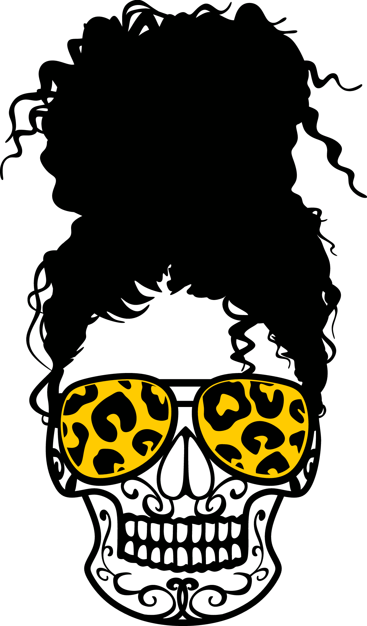 Messy Bun Skeleton Sugar Skull Curly Kinky Hair Cheetah Leopard Sunglasses SVG